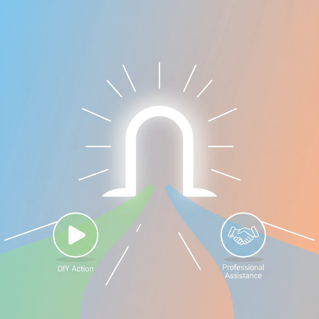 A person standing at a fork in the road, with one path labeled 'DIY Video' and the other 'Hire Agency'.