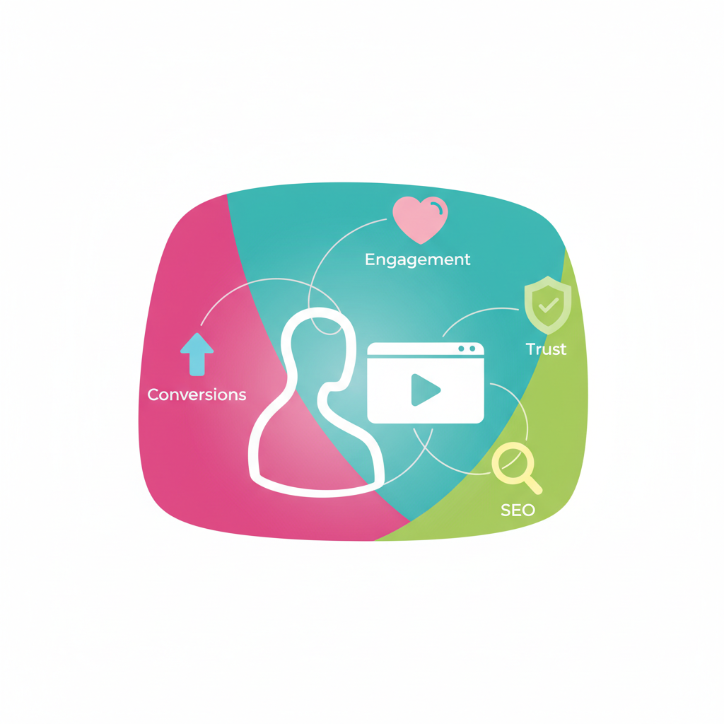 An illustration showing the core benefits of video marketing, such as engagement and conversions.