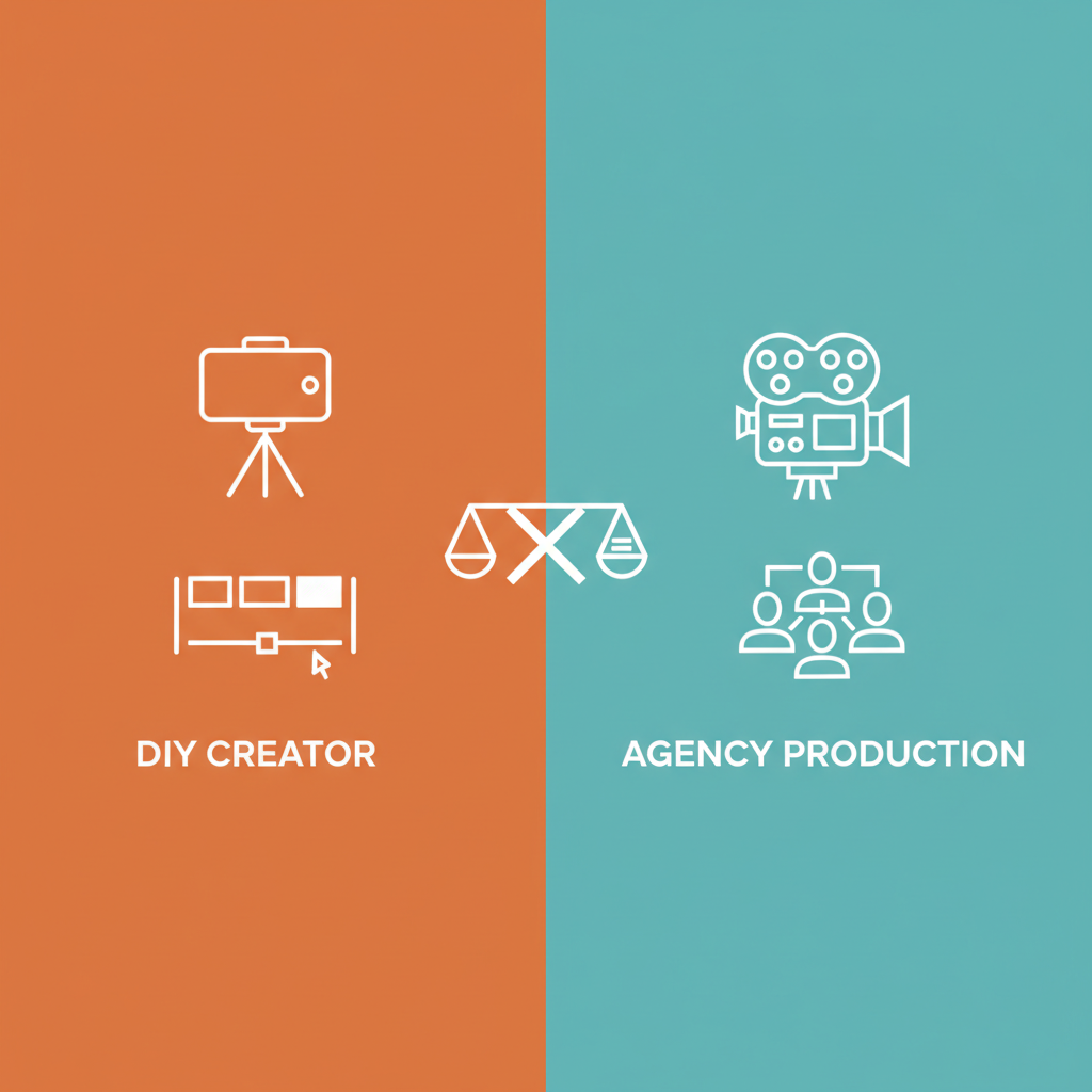 A split image showing a person struggling to film themselves on one side, and a professional video production crew on the other.