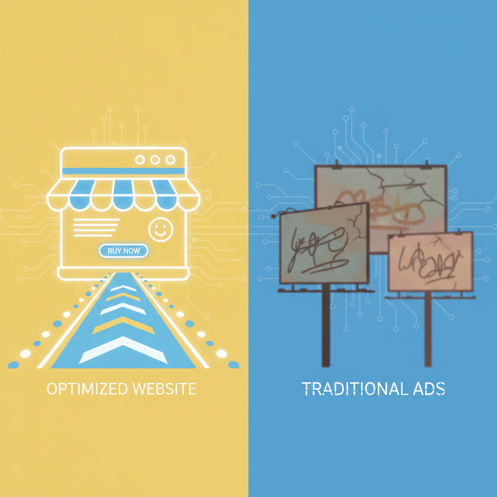 A magnifying glass over a computer screen, representing the concept of SEO marketing.