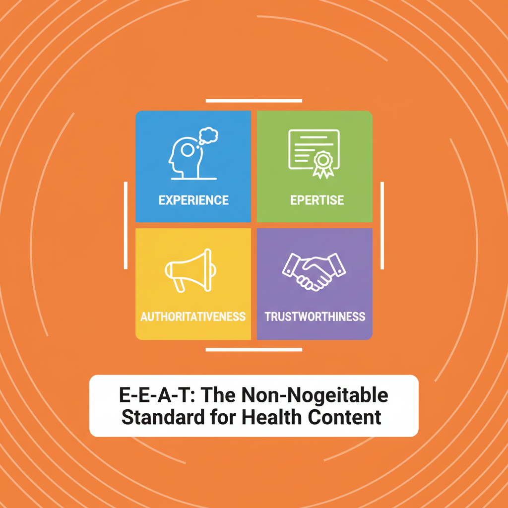 A visual representing the foundational principles of health content, showing gears of E-E-A-T, ethics, and empowerment.