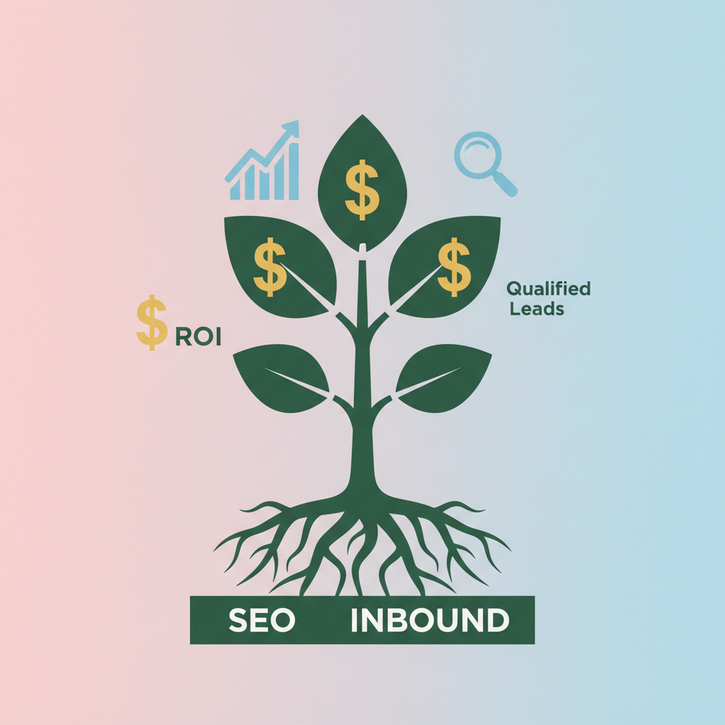 A graphic showcasing the benefits of SEO and inbound marketing, such as ROI, brand authority, and lead generation.
